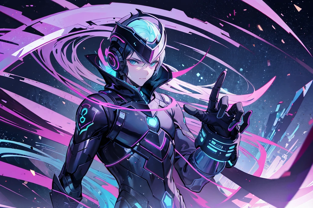 (masterpiece, detailed, high resolution:1.4), cyberpunk, cyberpunk 2077, cyberpunk night city neon background, in the club, on the dance floor, disco ball running, spinning, metallic cybernetic silver, heart in the foreground in the frame, green-blue glitch effect around the arm, purple-pink neon glow, lucy, torso, fluorescent yellow, light green, purple, mint