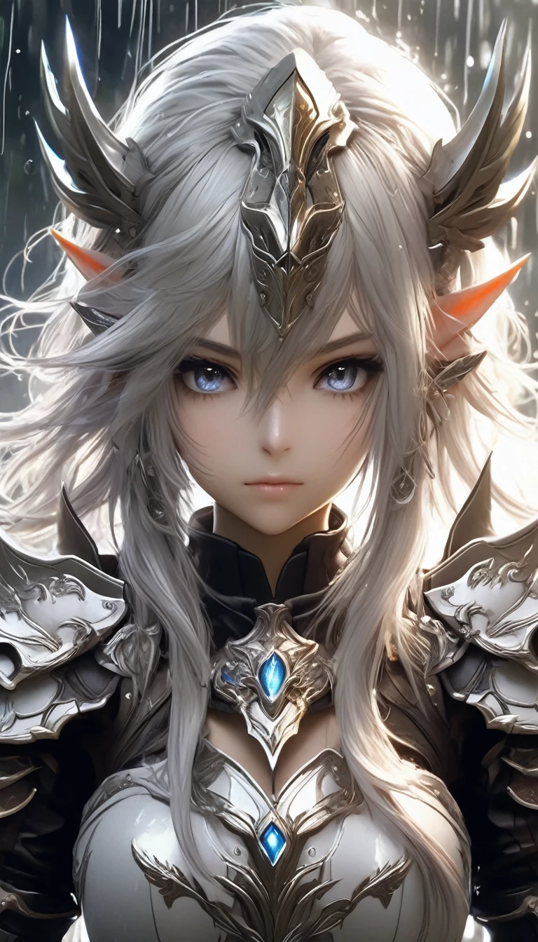 1girl, rain, armor, solo, pointy_ears, shoulder_armor, elf, long_hair, pauldrons, breastplate, looking_at_viewer, grey_eyes, weapon, white_hair, gauntlets, braid, holding, hair_between_eyes, jewelry, earrings, plate_armor, cowboy_shot, avatar_(ff14), holding_weapon, outdoors, closed_mouth, standing.