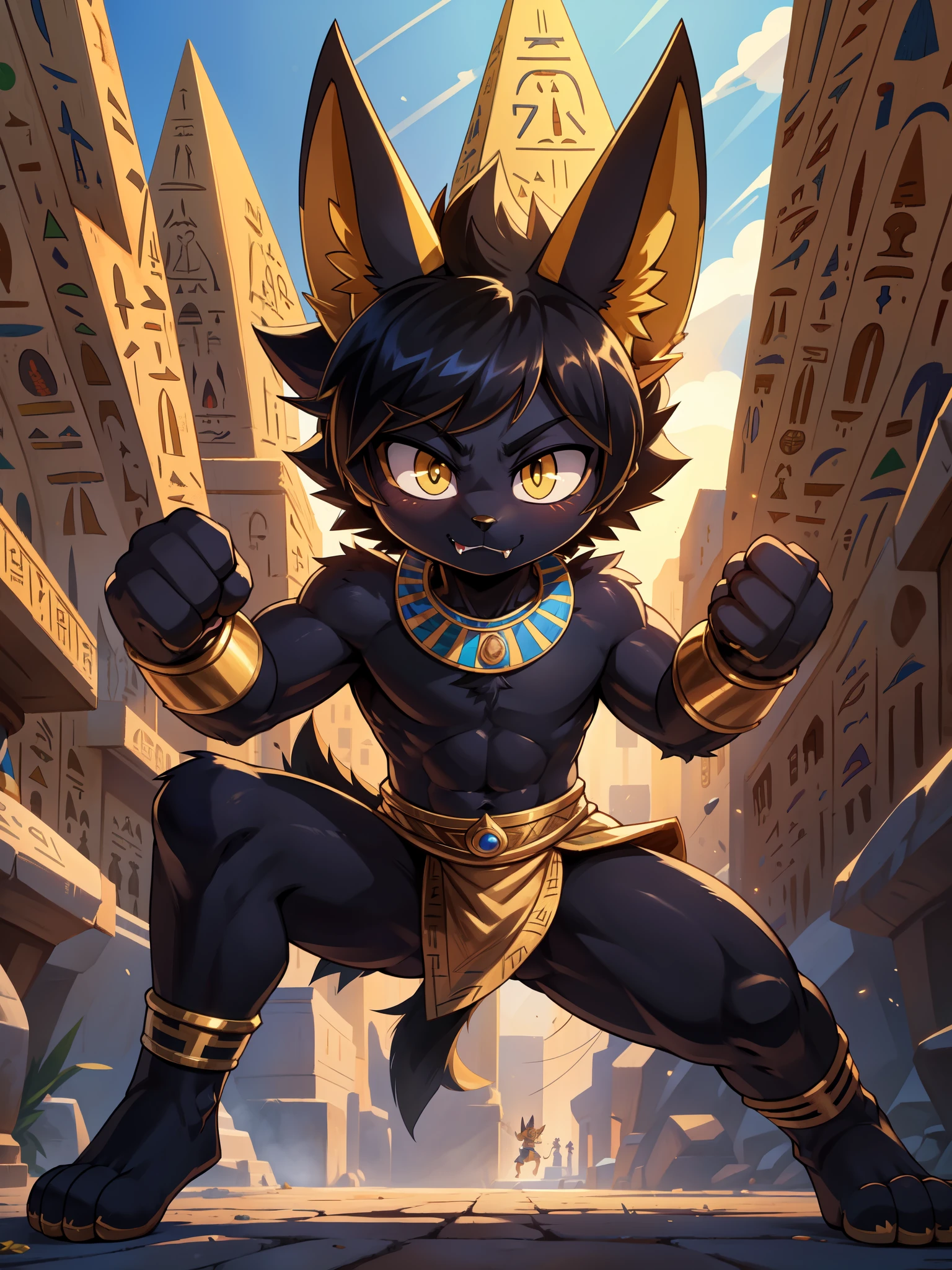 score_9,score_8_up,score_7_up, source_cartoon, source_furry, Anubis, Furry shota, jackal, black hair, short spiky hair, yellow eyes, detailed body fur, ((minuscule Egyptian antique clothes, cute sexy and almost naked)), masterpiece, looking at you, fangs, black body fur, detailed face, big eyebrows, detailed eyes, detailed body, detailed body fur, detailed hands, flat body, glistering body, shiny body, skinny, perfect lighting, perfect shadows, perfect eyes, perfect hair, perfect face, gorgeous body, solo, :3, egypt, clear sky, feet towards viewer, from above, dynamic action shot, speed lines, motion blur, ((fight stance, jump, fist, punch, kick, pawpads))