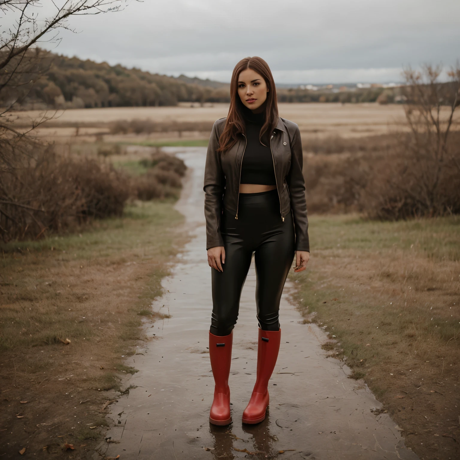 One woman in leather leggings and red hunter wellies
