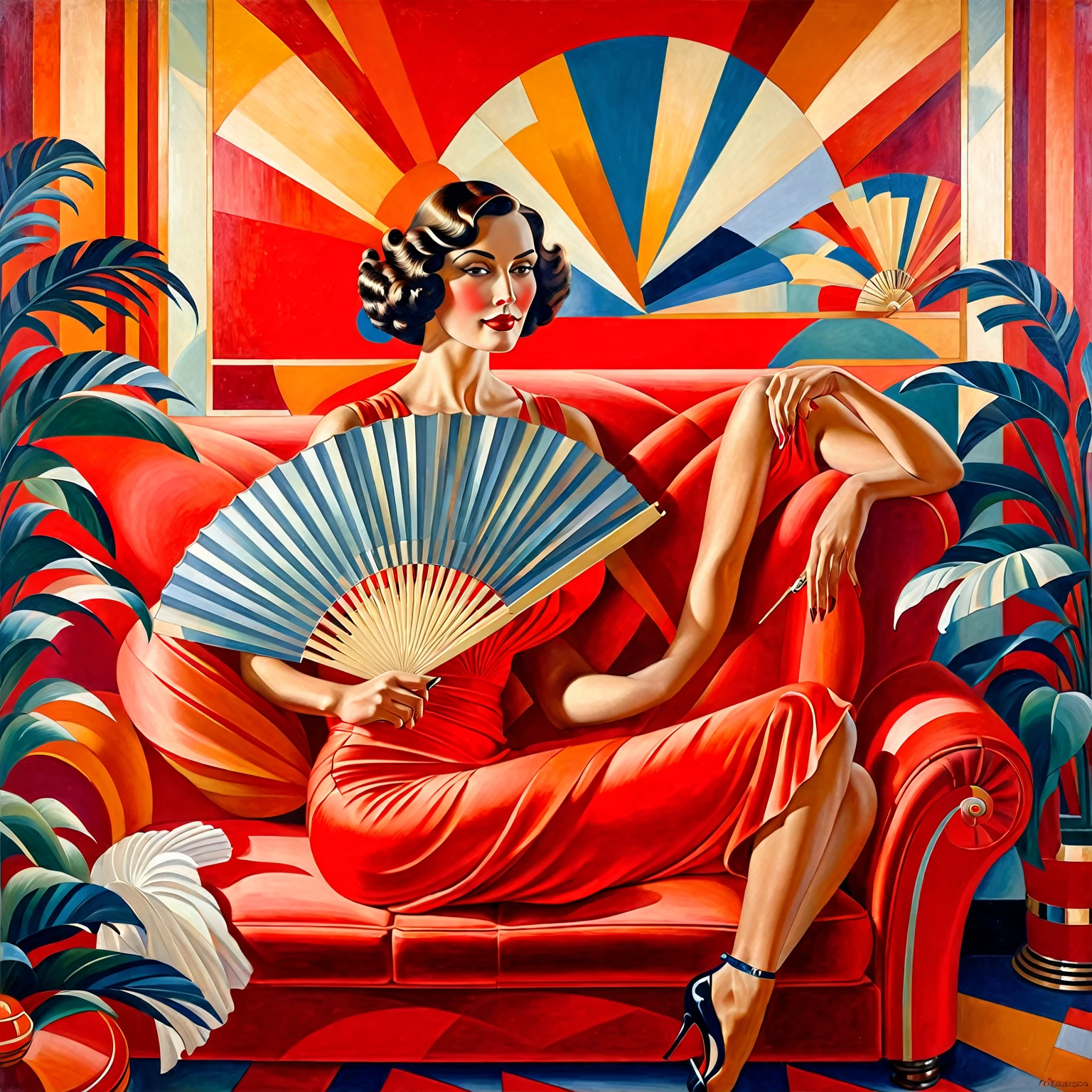 painting of a woman sitting on a red couch with a fan, art deco painting, art deco era), art deco portrait, georgy kurasov, cinematic. art deco, beautiful retro art, intricate art deco patterns, realistic art deco, hyperrealistic art nouveau, art nuveau, modern art noveau, art noveau painting, art deco illustration