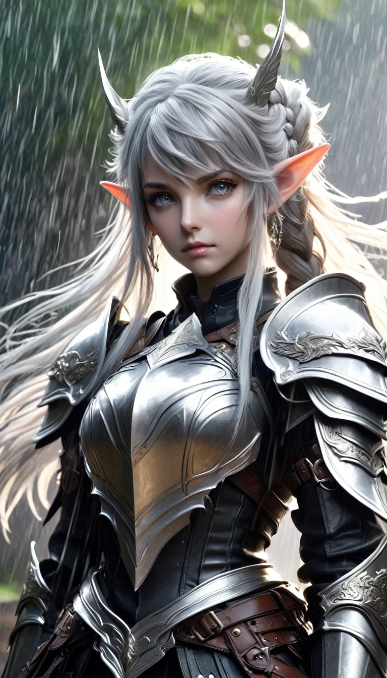 1girl, rain, armor, solo, pointy_ears, shoulder_armor, elf, long_hair, pauldrons, breastplate, looking_at_viewer, grey_eyes, weapon, white_hair, gauntlets, braid, holding, hair_between_eyes, jewelry, earrings, plate_armor, cowboy_shot, avatar_(ff14), holding_weapon, outdoors, closed_mouth, standing.