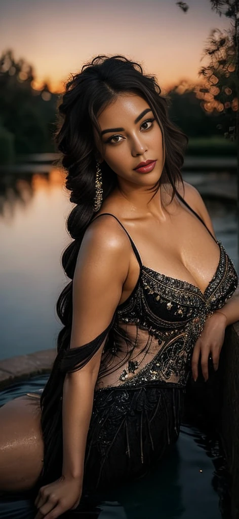 Cute girl, perfect face, black hair, big breasts, black half saree, naked, garden, black roses background 