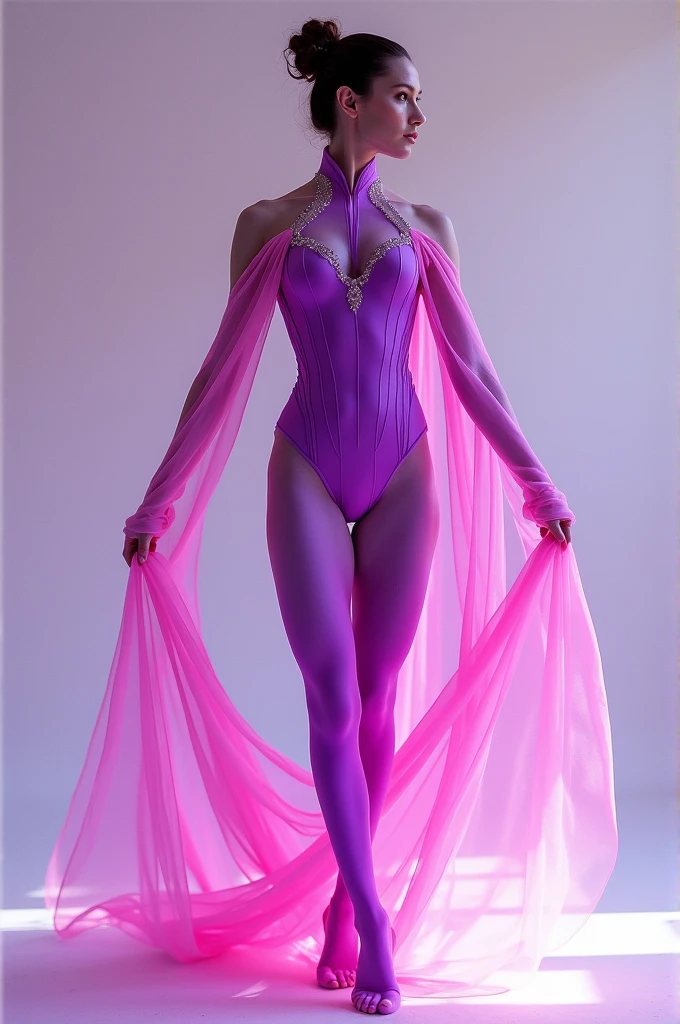 This lavender orchid-themed space outfit embodies the grace and beauty of the orchid flower. The form-fitting bodysuit features soft lavender hues with deep purple accents and intricate orchid patterns. The outfit is completed with a flowing cape, ankle-high boots, wrist-length gloves, and a sleek met adorned with orchid motifs. Elegant orchid jewelry adds the final touch, creating a sophisticated and enchanting look perfect for any cosmic journey.