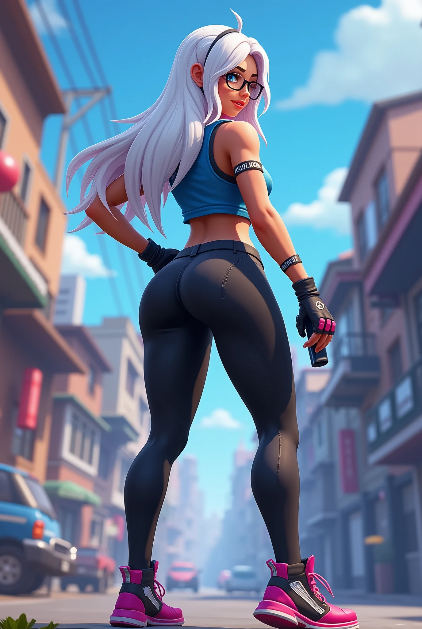 Goddess ((goddess-like woman)), slim elegant silhouette, masterpiece, (close angle), best quality, dark skin, sweet face, (masterpiece:1,2, best quality), (real picture, intricate details), (1 lady , solo, medium tits, slim waistline, ), (with very long hair), a woman with long hair, withe hair, very long wavy white hair, turquoise eyes, she has an impressive presence., bracelet, hoop earrings, jewelry, beautiful face, beautiful eyes, she is wearing a cream tank top with thin gold straps, cropped waist, black long leggings, tank top with thin gold straps, black leggings, boots, sweet irresistible smile, elegant pose, elegant hands, beautiful hands, perfect fingers, background: her stands in a big city, a busy city, a dance club, outside, blue sky,
 beautiful back, back view, upperbody view, 
