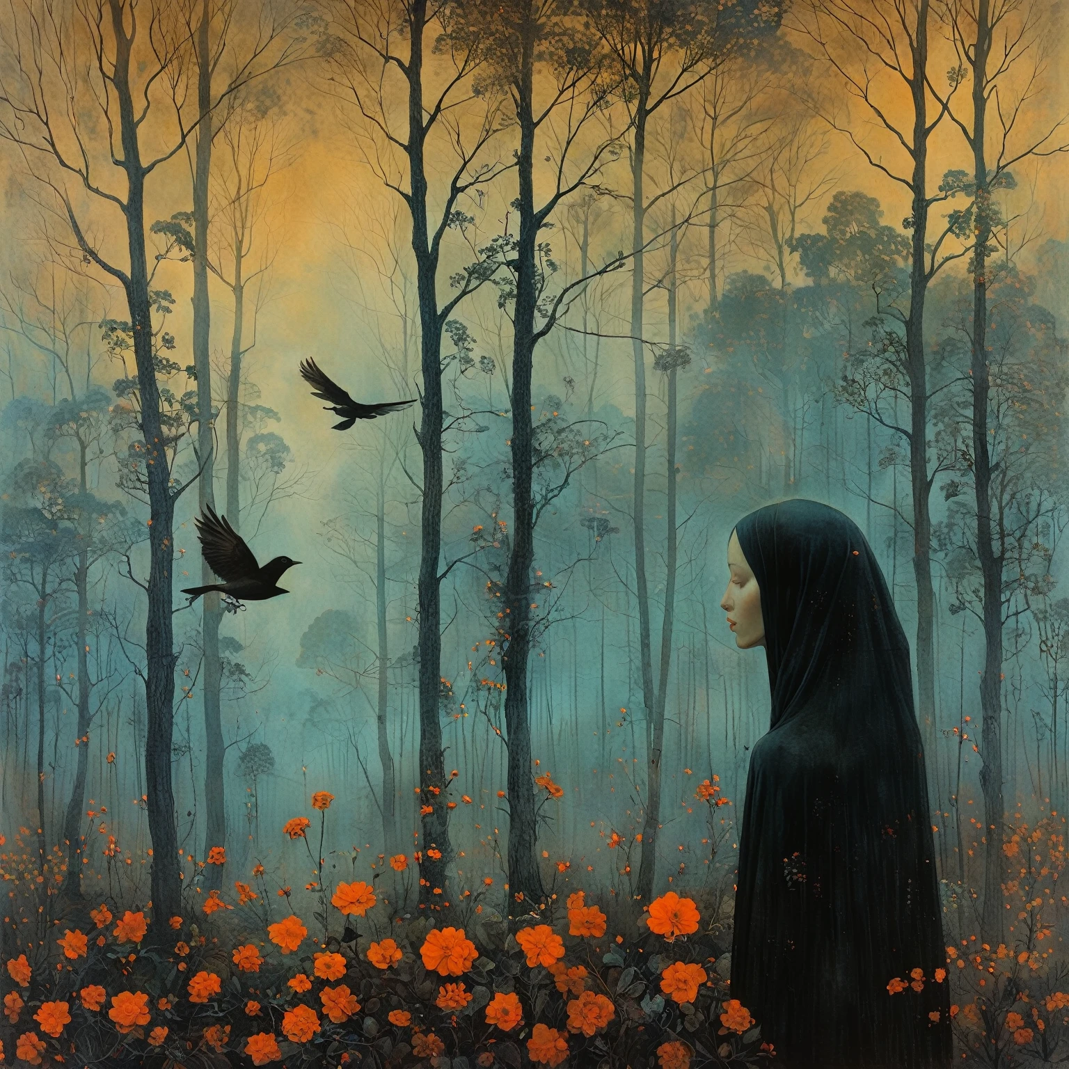 painting of a woman with a long veil and a bird in a forest, zdzislaw beksisnski, zdzislaw beksiński, surrealist painting, dragan bibin, beksisnski, surrealist oil painting, surreal oil painting, wayne barlowe pierre pellegrini, michael whelan and gustave done, inspired by ESAO