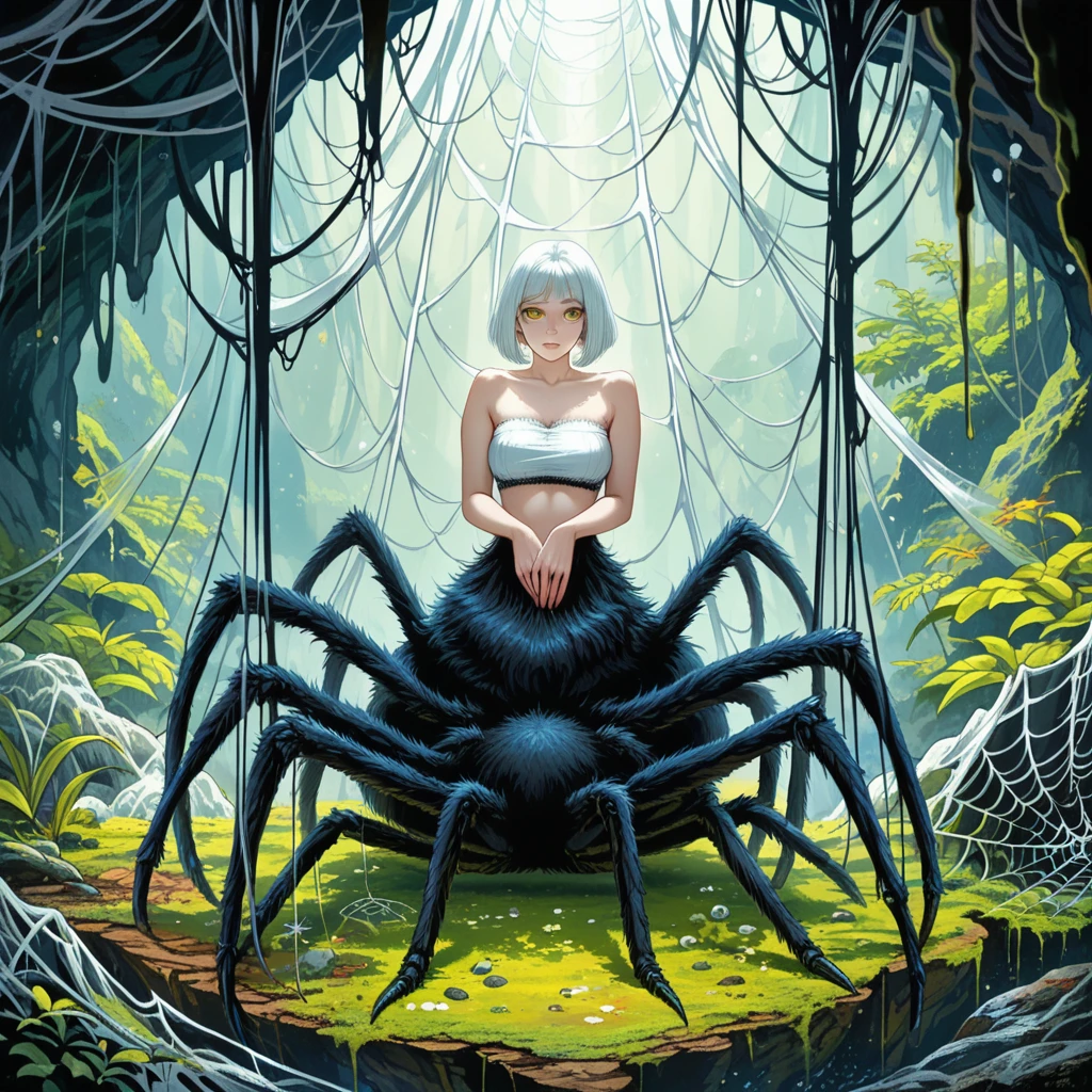 score_9, score_8_up, score_7_up, score_6_up, 1woman, arachnid, spider legs, arachtaur, forest

masterpiece,highly detailed,8k resolution,solo,ultra detailed perfect piece,masterpiece,extremely detailed CG 8k,very fine 8K CG,best quality,absurdres,zoomed out view,full body view, full length portrait, 8k, 4k, 2k, detailed, intricate, (female), ((solo)), ((detailed fur)),Perfect Anatomy

Background is a large empty cave for a cavern,spider webs drape around the cave a bt to cover it op

Character is a half human, human head, arms and torso, half spider lower half of legs and throax, arachtaur, arachnid, aix spider legs, short white hair in a bob cut,golden yellow eyes,human-like body,hourglass body,D cups,fur ciebred spider abdomen,a plump spider thorax witu thick webbing,black spider body,white silk tube top

MFBP1,
