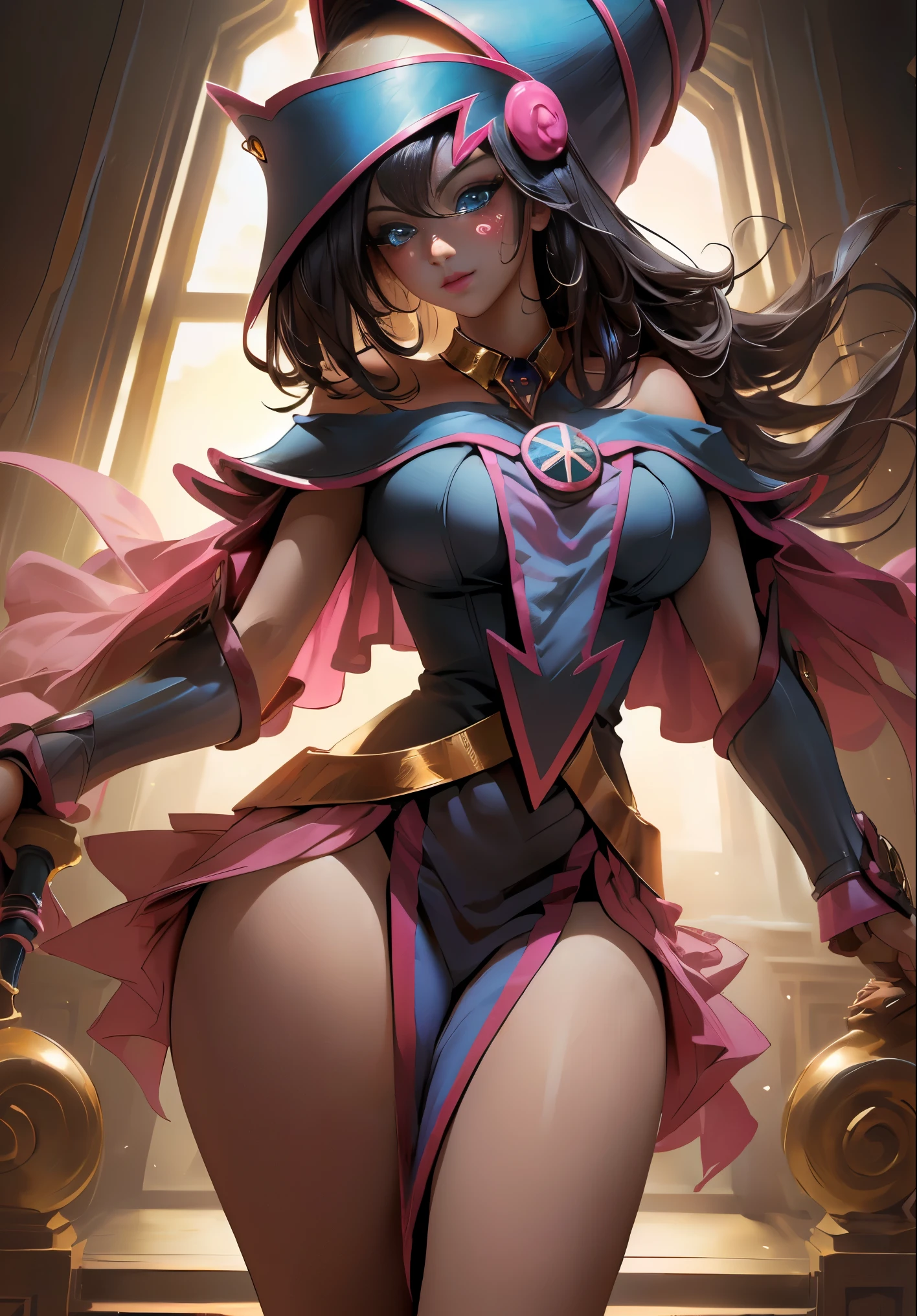 dark magician gils. Cabello rubio y largo. Ojos azules. Labios rojos. Pose sensual y seductora. Fondo de magia