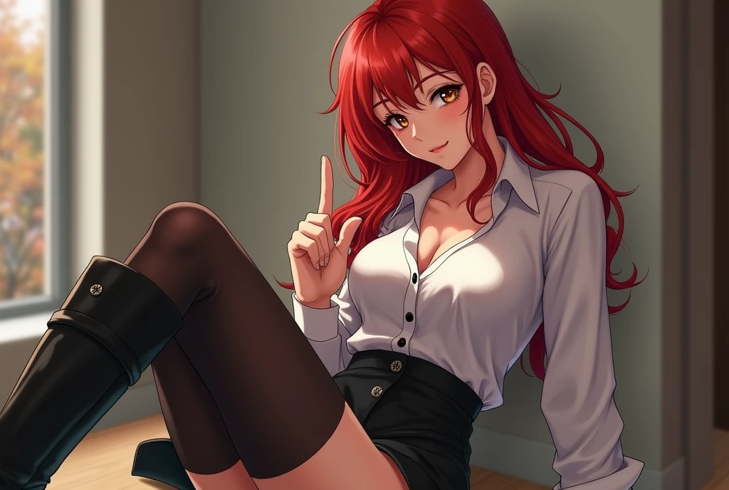 (best quality, ultra-detailed, anime picture, game cg, art cg, photorealistic, movie lighting, perfect shadow, realistic lighting shaded, unity 8k wallpaper), (solo), (Hiroko Takashiro), red long hair, large breasts, mature female, close eyes, open mouth, perfect face, (purple elaborately designed luxury panties for adults, panties high definition images, draw panties with super precision), lace trimmed bra, extremely detailed texture, earrings, thighhighs, pencil skirt, highheels, vulgarity, nose blush, sexy pose, in locker room, (((touching her breast herself with her hand))), squatting with legs apart, ((spread legs wide)), show off wet panties, close up wet panties, (alone:1.5), ((showing off her panties with her fingers inserted for masturbation)), masturbating