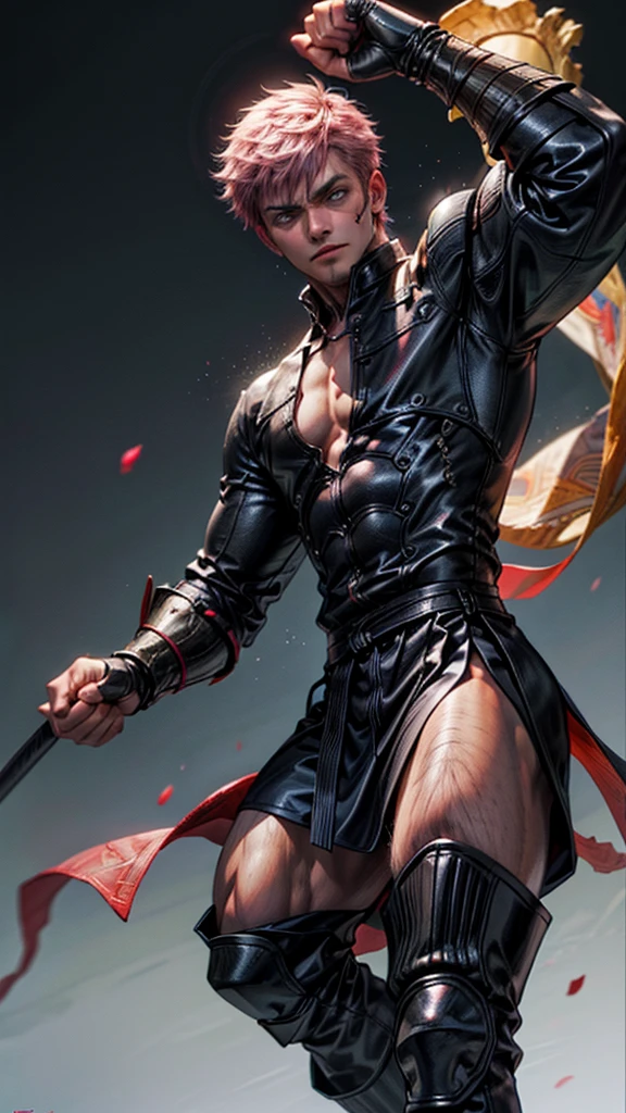 A 17-year-old boy with blonde hair with a red streak , Crimson eyes , with a swordsman's jacket , with his sword and crimson magic ...with a red background Accompanied by An 18-year-old boy with white hair with light blue tones , blue eyes , black swordsman jacket with silver tones , with his sword and celestial magic ....with light blue background