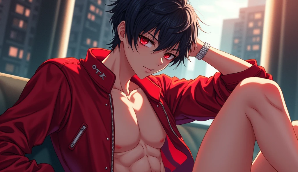 1 boy, black hair, Blue eyes, red hair band, naked torso