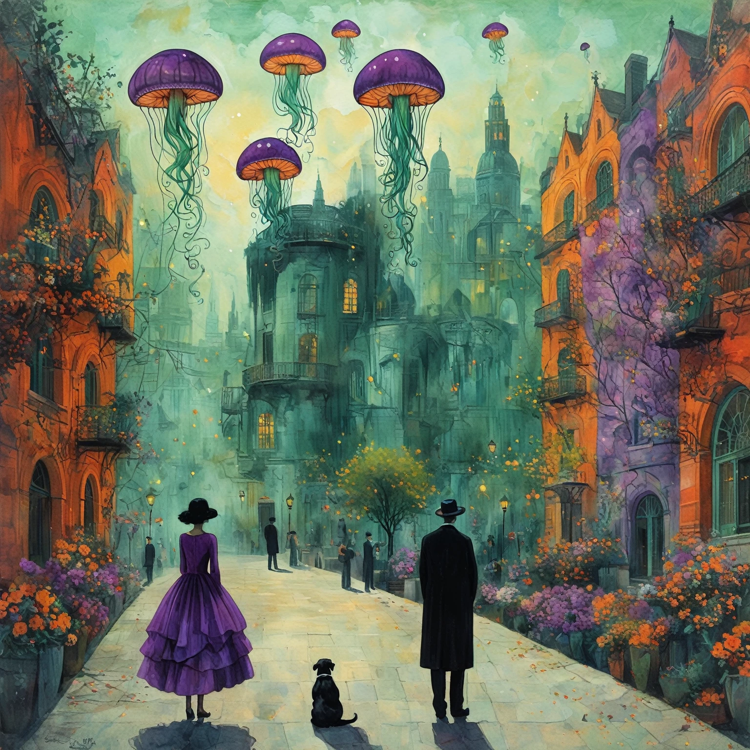 A surreal oil painting with a green sky and purple ground, featuring a jellyfish in a dress shimmering with stardust, a fish in a tailcoat, walking down a street where trees whisper secrets to each other, monuments sell flowers, and dogs walk upside down, in a gravity-defying city. The scene encapsulates surrealism, aesthetic art of surrealism, aesthetic surrealism, surrealism in aesthetic form, emotional surrealism, paradox, dream-like irreality, bizarreness, bizarre contrast, and intricacy