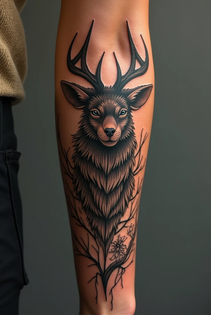 Anhangá tattoo art with deer antlers and maned wolf head 
