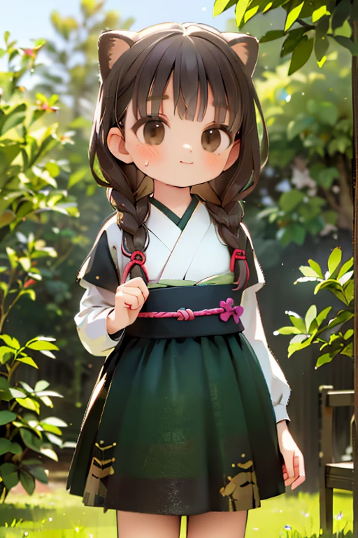 (Best Quality,16k,High resolution,masterpiece:1.2), very detailed, (Deformed, Realistic, Realistic:1.3)，very ，pretty girl，very short stature，Flat Chest，Laugh happily, Brown eyes，length, Fluffy, Black hair braids，White Dress，Admire the Japanese raccoon dog，The raccoon is much bigger than the girl.....，Tanuki is a Japanese raccoon dog，The midsummer background is the garden of a country house，Clothes that become transparent due to sweat，