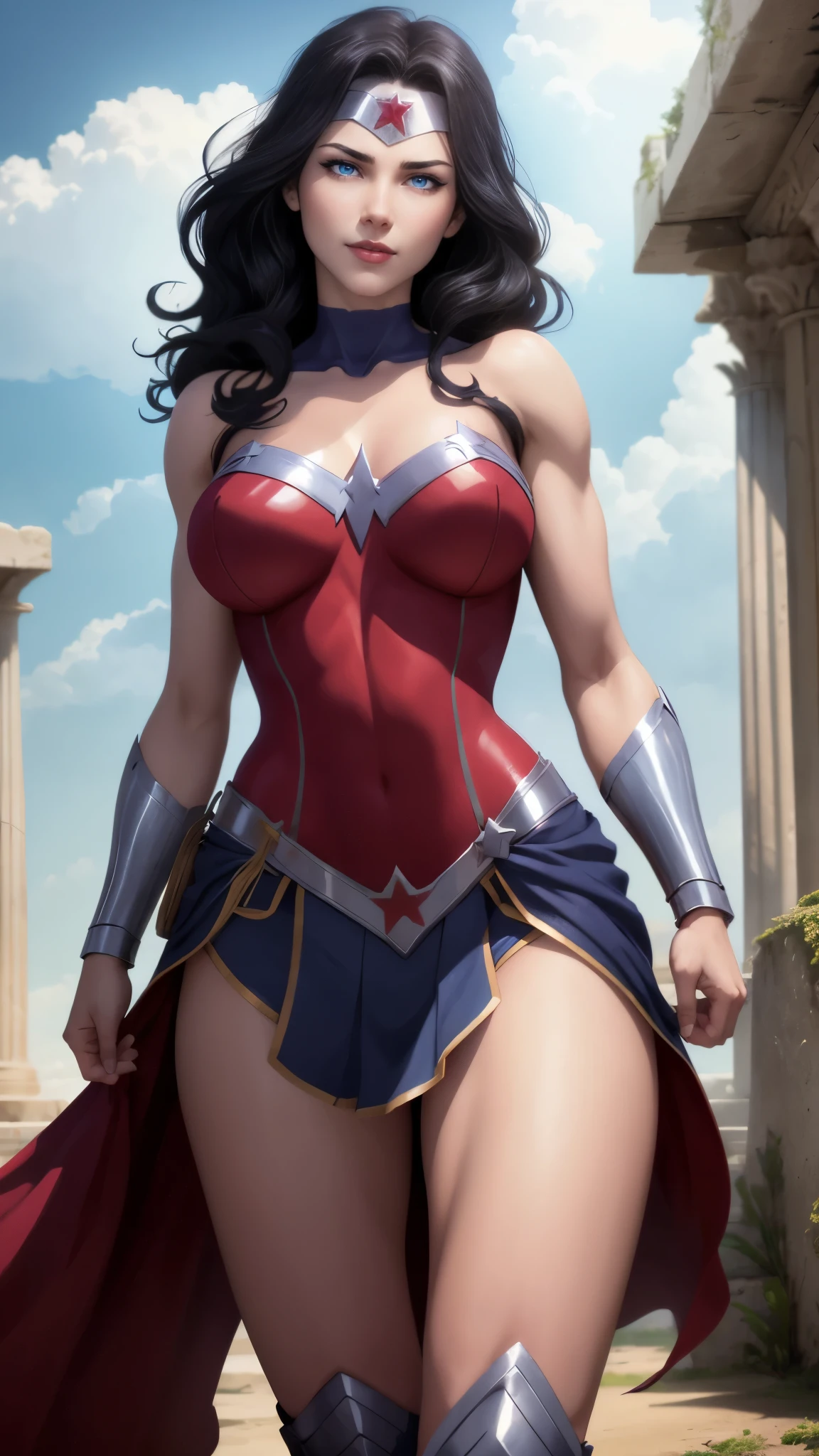 wonder woman da DC,(best qualityer,4K,8k,high resolution,work of art:1.2)(weather: cloudy), greek temple background, beach ruins, long curly hair, black hair, sleeveless leotard, long knight skirt, harness corset, thigh high knight boots, diadem, bracelets, long red knight coat, combat pose, ultra detailed,portrait,realistic,beautiful detailed blue eyes, beautiful detailed lips,extremely detailed eye and face, long eyelashes,average,large breasts,flying hair,beaming smile, cute smile,powerful girl, bright coloured, dramatic lighting,