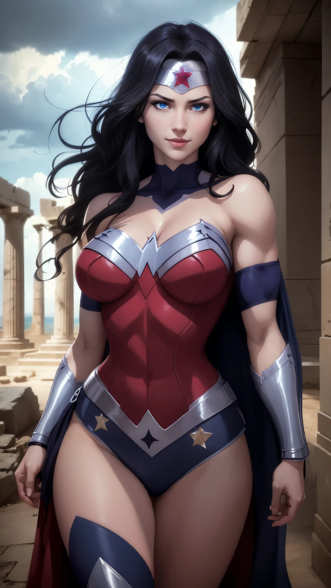 wonder woman da DC,(best qualityer,4K,8k,high resolution,work of art:1.2)(weather: cloudy), greek temple background, beach ruins, long curly hair, black hair, sleeveless leotard, long knight skirt, harness corset, thigh high knight boots, diadem, bracelets, long red knight coat, combat pose, ultra detailed,portrait,realistic,beautiful detailed blue eyes, beautiful detailed lips,extremely detailed eye and face, long eyelashes,average,large breasts,flying hair,beaming smile, cute smile,powerful girl, bright coloured, dramatic lighting,