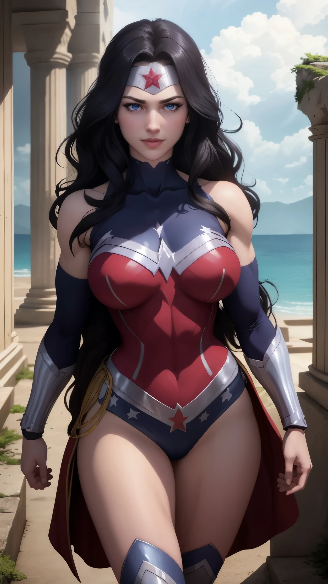 wonder woman da DC,(best qualityer,4K,8k,high resolution,work of art:1.2)(weather: cloudy), greek temple background, beach ruins, long curly hair, black hair, sleeveless leotard, long knight skirt, harness corset, thigh high knight boots, diadem, bracelets, long red knight coat, combat pose, ultra detailed,portrait,realistic,beautiful detailed blue eyes, beautiful detailed lips,extremely detailed eye and face, long eyelashes,average,large breasts,flying hair,beaming smile, cute smile,powerful girl, bright coloured, dramatic lighting,