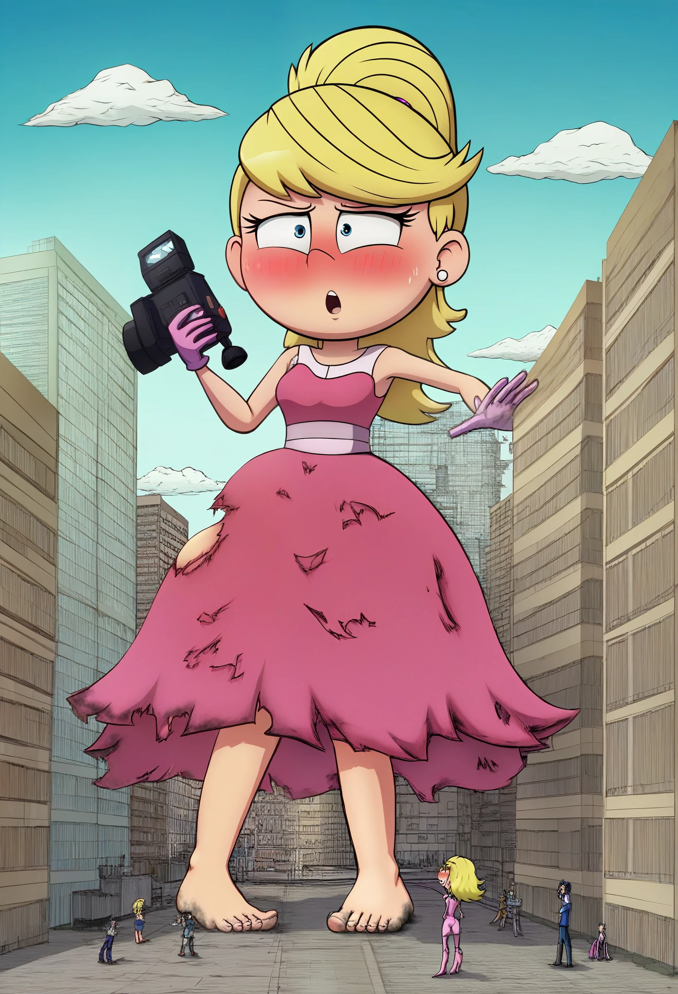 Nsfw, lola loud, pink dress, blonde hair, barefoot, Masterpiece, best quality, illustration, hd, 4k, cartoon, 1girl, blush, parted lips, ripped outfit, giant , giga size, lilliputian people, growth, cramped, A young woman, standing in the middle of a bustling city, begins to grow rapidly. Her clothes stretch and tear as she towers over skyscrapers, her feet crushing cars beneath them like toys. Her once normal-sized hands now loom large over entire city blocks, casting massive shadows. The people below scatter in panic, looking up in awe and fear as she rises to impossible heights. Her expression is a mix of surprise and power, as the city crumbles and bends around her enormous presence. The sky seems closer now, with clouds brushing her shoulders as she continues to grow, dwarfing everything in sight.