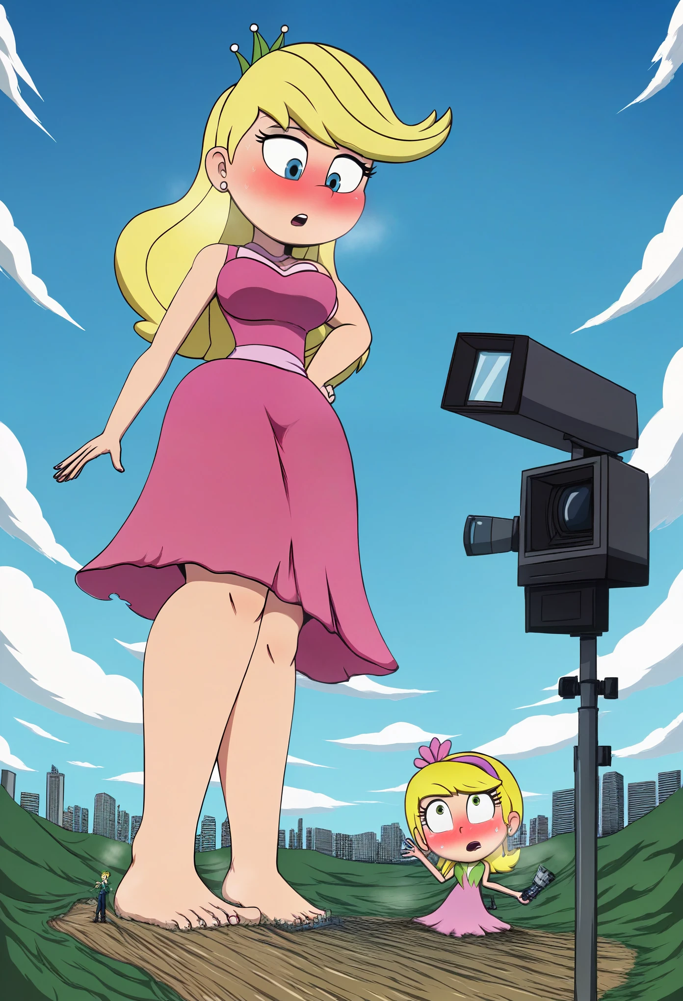 Nsfw, lola loud, pink dress, blonde hair, barefoot, Masterpiece, best quality, illustration, hd, 4k, cartoon, 1girl, blush, parted lips, ripped outfit, giant , giga size, lilliputian people, growth, cramped, A young woman, standing in the middle of a bustling city, begins to grow rapidly. Her clothes stretch and tear as she towers over skyscrapers, her feet crushing cars beneath them like toys. Her once normal-sized hands now loom large over entire city blocks, casting massive shadows. The people below scatter in panic, looking up in awe and fear as she rises to impossible heights. Her expression is a mix of surprise and power, as the city crumbles and bends around her enormous presence. The sky seems closer now, with clouds brushing her shoulders as she continues to grow, dwarfing everything in sight.