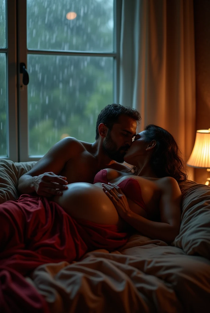 photo of Voluptuous Indian Girl, Pregnant, No Makeup on the Face, Large Breasts, Lying Nude on bed and Kissing a Old Man, Rain Pouring outside the window.