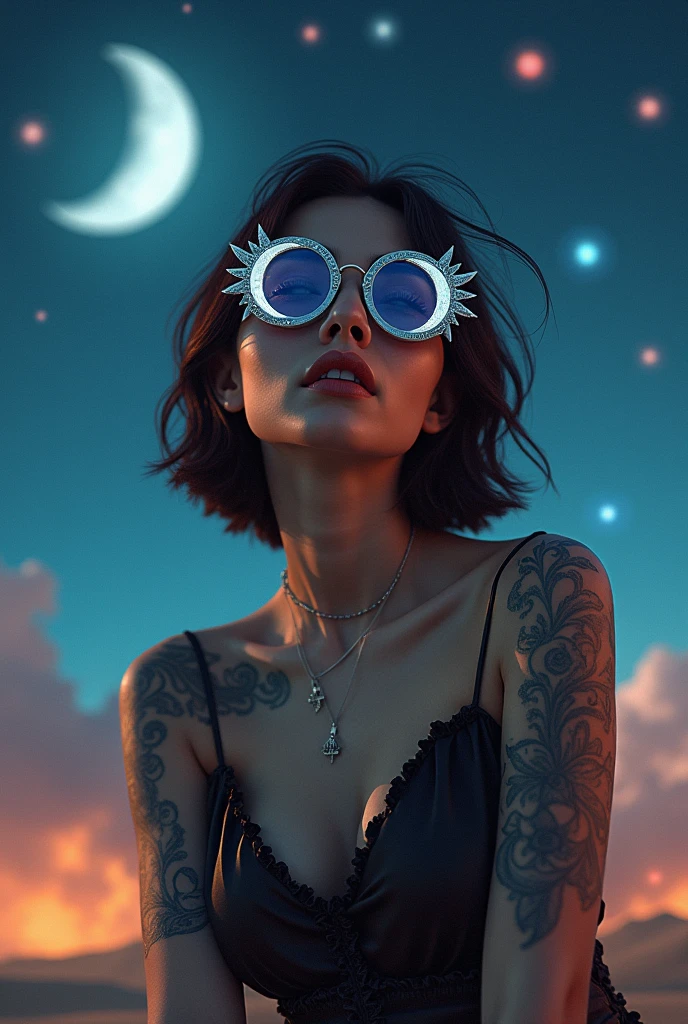 The Young model is wearing glass and Young cloters of rock star sunglasses with stars and the moon on the glass. She is using tatoo, show ALL THE body in dream sky siring in The moon