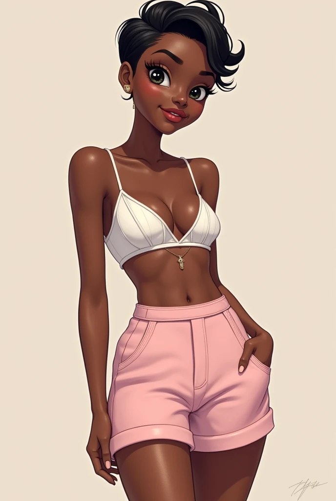 Black woman with Afro, in white bra, white cotton high cut panties, grabbing hair, comic book art style, intricate details