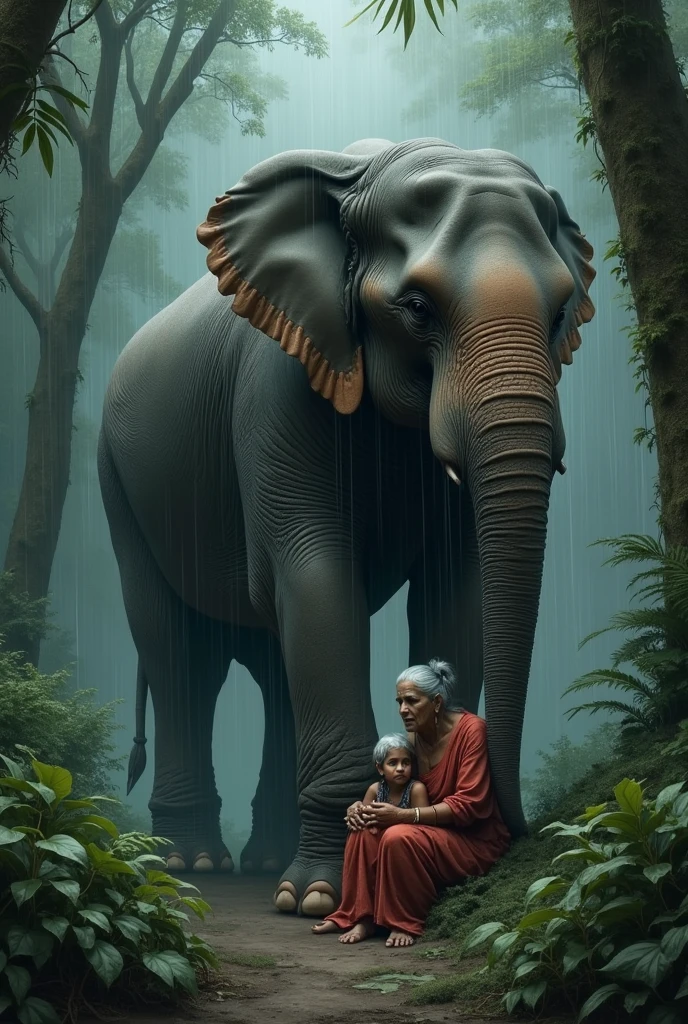A serene yet tense scene unfolds in a dark, landslide-affected cardamom forest in Kerala at night. A rain-drenched elderly Kerala woman, covered in mud, runs through the forest in a sari, holding a two-year-old baby. She is accompanied by her 30-year-old daughter, also dressed in a traditional, muddy sari. They see an elephant in the distance and look frightened. The scene is captured from the front view of the elephant and the back view of the elderly woman, her daughter, and the baby. Detailed mud textures, glowing raindrops, and a distant lightning bolt create a dramatic atmosphere. Lush, wet foliage and a misty sky add depth. The mood is a mix of fear and urgency. Realistic photography with a Canon EOS 5D Mark IV, f/2.8, ISO 4000. Negative prompt: bright daylight, clean clothing, absence of rain, cartoonish elements, modern setting.