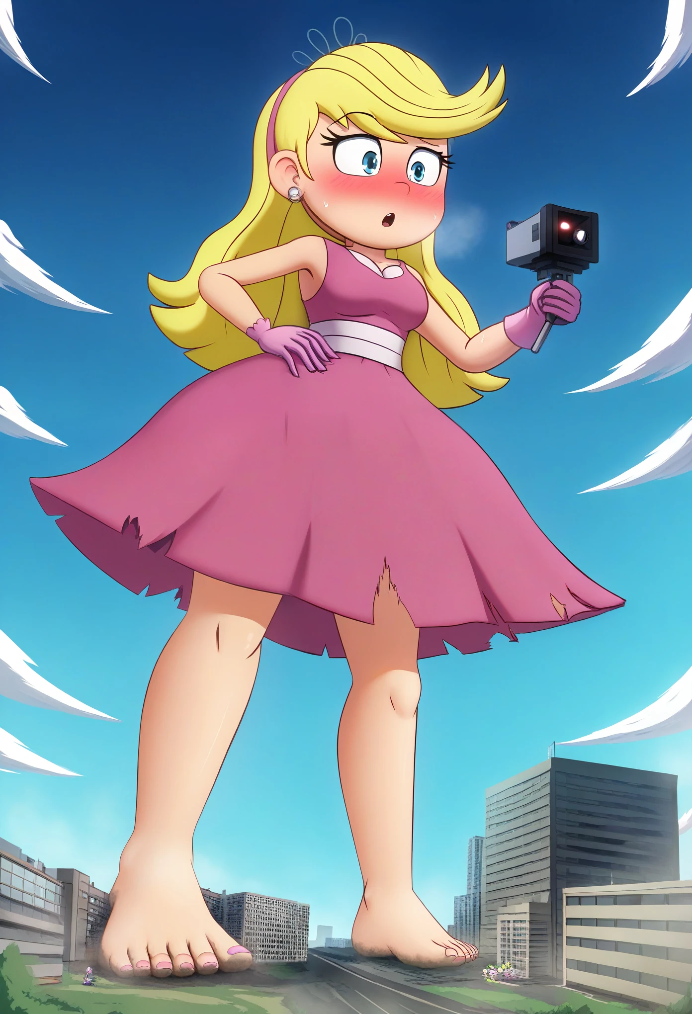 Nsfw, lola loud, pink dress, blonde hair, barefoot, Masterpiece, best quality, illustration, hd, 4k, cartoon, 1girl, blush, parted lips, ripped outfit, giant , giga size, lilliputian people, growth, cramped, A young woman, standing in the middle of a bustling city, begins to grow rapidly. Her clothes stretch and tear as she towers over skyscrapers, her feet crushing cars beneath them like toys. Her once normal-sized hands now loom large over entire city blocks, casting massive shadows. The people below scatter in panic, looking up in awe and fear as she rises to impossible heights. Her expression is a mix of surprise and power, as the city crumbles and bends around her enormous presence. The sky seems closer now, with clouds brushing her shoulders as she continues to grow, dwarfing everything in sight.