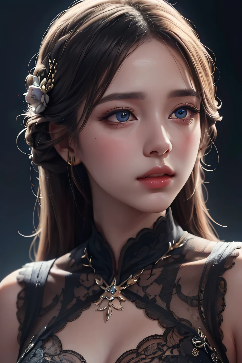 detailed portrait of a girl with large breasts, beautiful detailed eyes, beautiful detailed lips, extremely detailed face and skin, long eyelashes, elegant pose, fantasy, intricate background, cinematic lighting, vibrant colors, digital painting, photorealistic, 8k, high resolution, masterpiece
