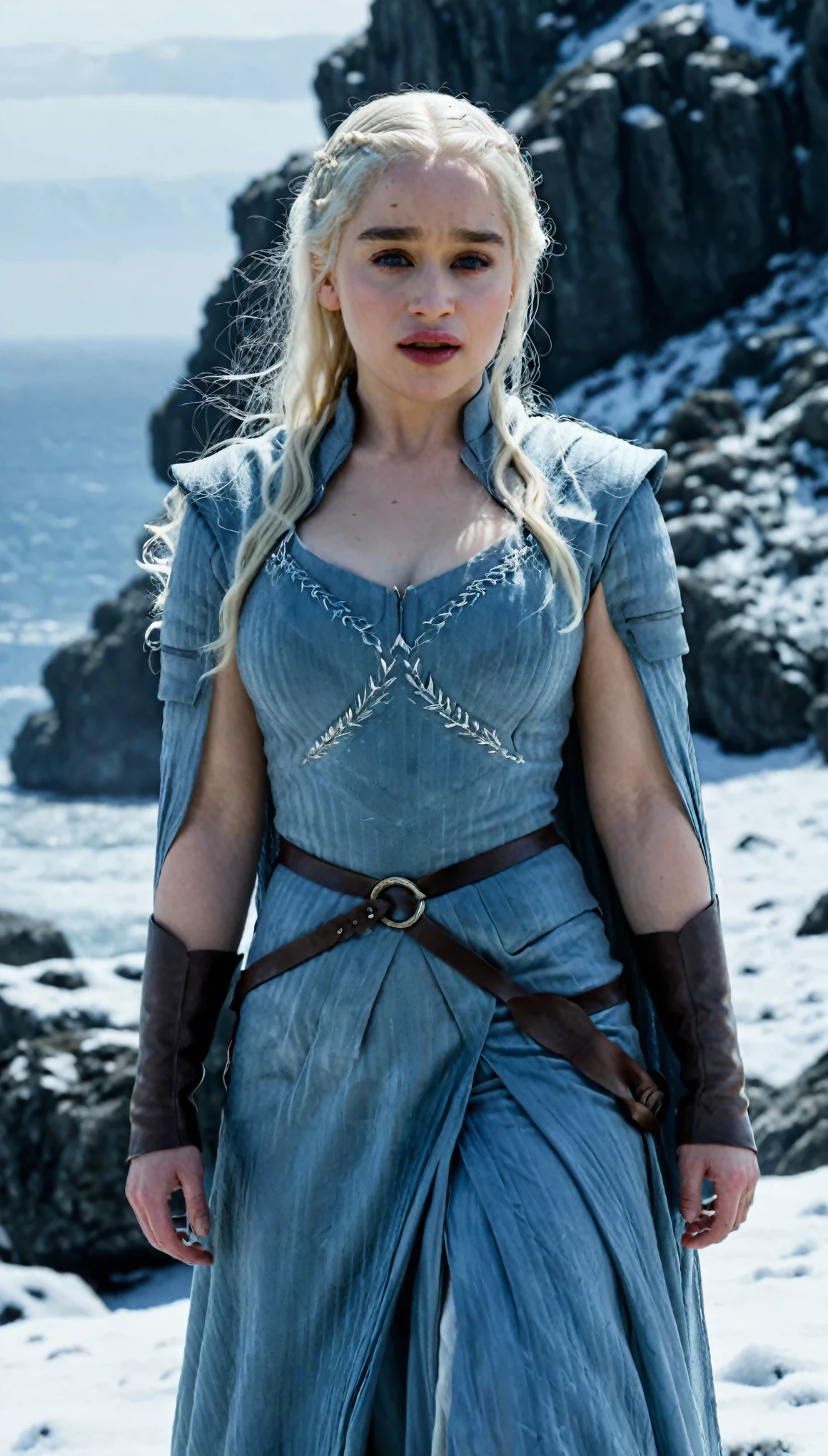 (best quality,highres),(realistic:1.37),(full body shot),(beautiful,detailed,expressive), (ohwx woman) Emilia Clarke as Daenerys Targaryen from Game of Thrones, Surrounded by the harsh and wild nature of the northern countries covered with snow and ice .