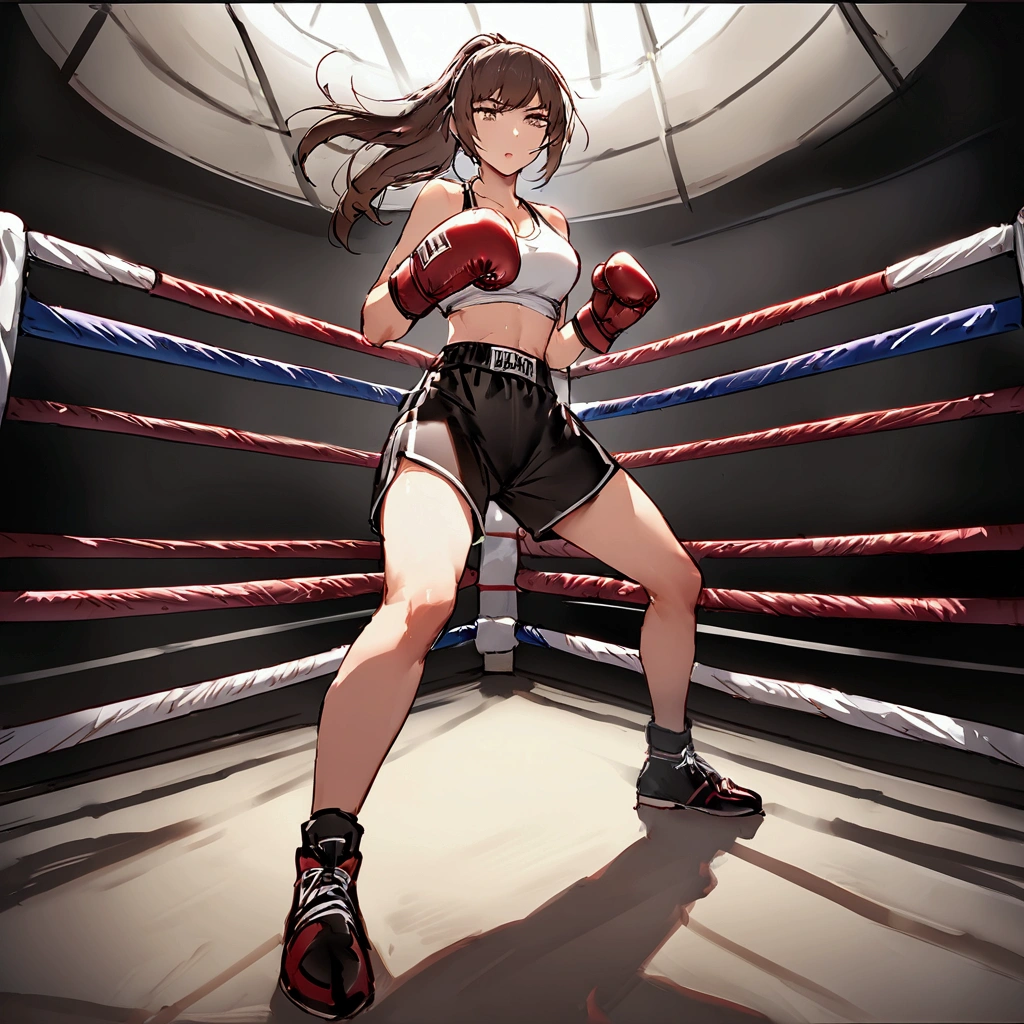 Drenched in sweat and covered in bruises, she is in a mixed martial arts ring against a female fighter. her body has a fist of her opponent female fighter. One eye closed and mouth open, she is gasping for breath and drooling. She is a cute Japanese high school girl with short-cut black hair. She is wearing a sports bra, high-leg shorts, and open-finger gloves. Small breasts, poor belly, slender body, poor body.