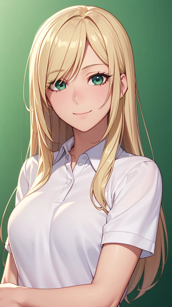 ((masterpiece, Best Quality, High resolution, 超High resolution, Pixel perfect, Depth of written boundary, 4K, RTTX 10.0, High resolution))), ((One person, single, Alone,))Beautiful anime, Beautiful art style, Anime characters, ((Long Hair, Parted bangs, Blonde)、straight hair), (Green Eyes:1.4, Round eyes, Beautiful eyelashes, Realistic eyes), (Detailed face, ), (Smooth texture:0.75, Realistic texture:0.65, Realistic:1.2, Anime CG style), ( from front、top of head,), ((upper bod))y perfect body, Big Breasts, ((White polo shirt、Short sleeve、)), smile, Open your mouth, classroom