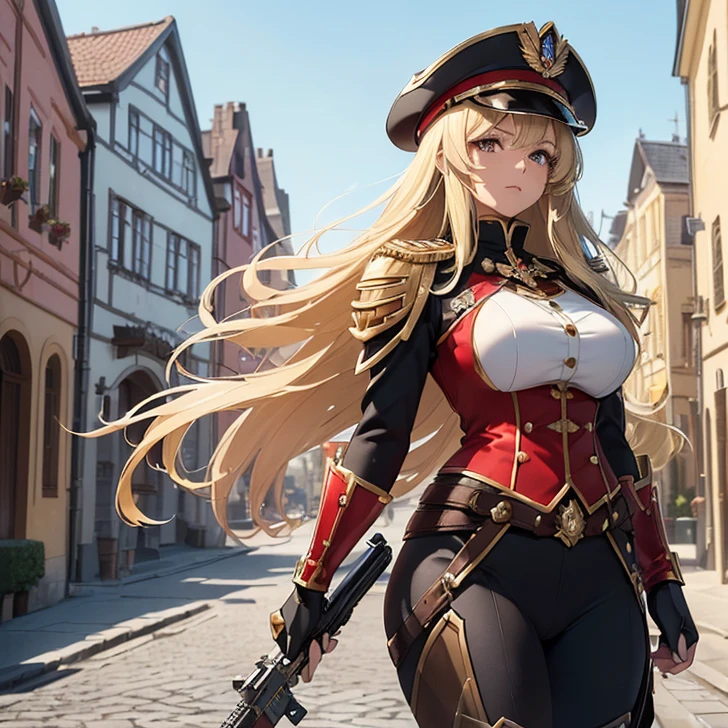 (KMS Bismarck, Azur Lane), wearing black military uniform, blonde hair, long hair, ice blue eyes, black skirt, black fur cape with white details, standing posture, black military hat with iron cross, walking on a concrete sidewalk in a garden , traditional German town in the background, German houses in the background, smiling, big breasts. .UHD, masterpiece, accurate, anatomically correct, textured skin, super detail, high quality, best quality, 8k, high resolution, bokeh effect.(solo woman),white gloves, realistic, close view.