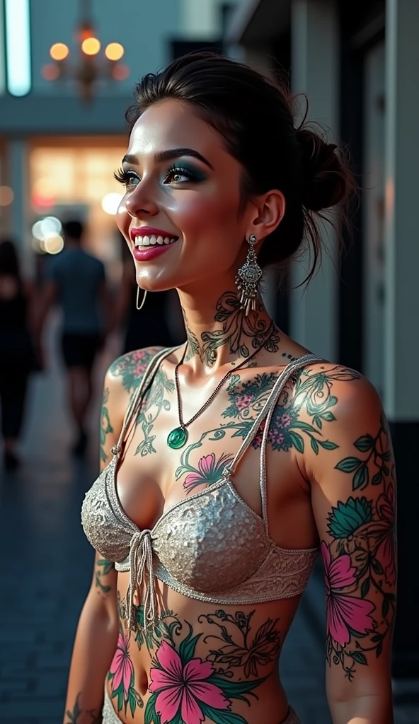 Generate an indonesian lady with full body tattoo, swimming pool, showing her tongue with piercing, smile, beautifull, nose piercing, lips piercing, tongue piercing, so many ears piercing, body modification, face tattoo, split tongue, cheek piercing,wearing so many earring, ring, bracelet, necklace, forehead tattoo, masterpiece, best quality:1.2),(8k,highres,RAW photo,realistic,photo-realistic:1.3),(detailed skin texture), masterpiece, best quality:1.2),,(8k,highres,RAW photo,realistic,photo-realistic:1.3),(detailed skin texture,detailed cloth texture,beautiful detailed face:1.25),professional lighting,photon mapping,beautiful soft light,radiosity,physically-based rendering,raytracing, model shoot style, model shoot style, (extremely detailed CG unity 8k wallpaper), full shot body photo of the most beautiful artwork in the world, ((nsfw))