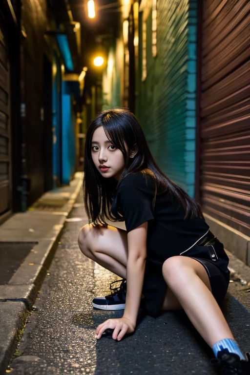 （（（（（（（Full Body Shot））））））((Reality)), s lips, Detailed background, 1girl in, Squatting in a dark alley、lie down、It&#39;s pouring rain、I&#39;m soaked all over.、A strong red light shines on my face、1 slim Japanese gravure idol、Natural Breast,, (plaid skirts), small 、Slimed、A slender、Long straight light brown hair, (soft smiling), Look at viewers,