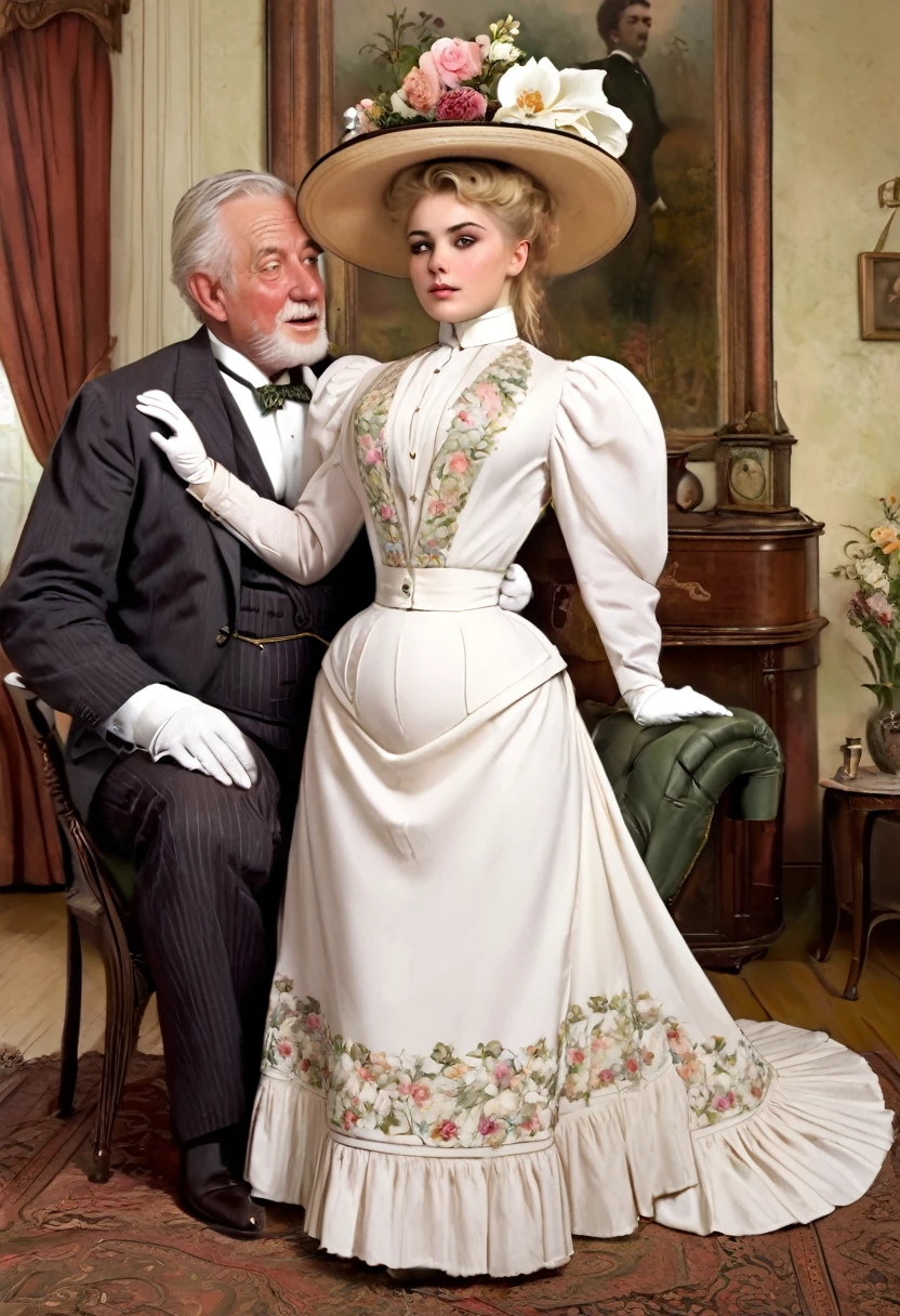 A gorgeous well-endowed 14yo blonde Gibson Girl bimbo (((fondled by a large horny 69yo gentleman))) in the parlor. Year 1902. (((1900_dr3ss))). Edwardian setting. Short girl with an hourglass figure wearing an elegant white Edwardian outfit consisting of a ((high-collar long sleeve shirtwaist, long skirt, boots, gloves and a wide-brimmed picture hat with flowers)), large tits, wasp waist, massive ass. Man wearing a three-piece suit. (((Young girl and old man. Man taller than girl))). (((NSFW))). (((Realistic proportions:1.5)))