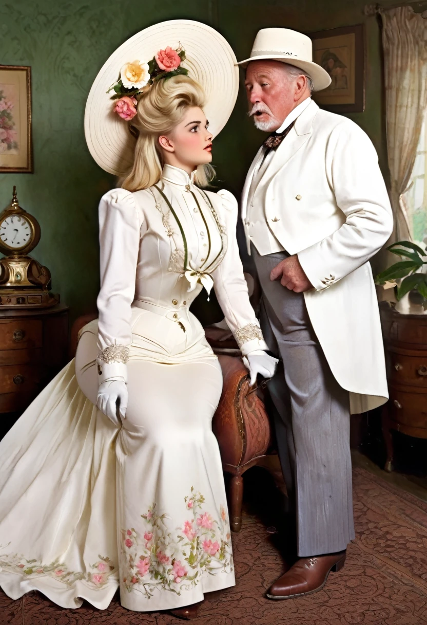 A gorgeous well-endowed 14yo blonde Gibson Girl bimbo (((fondled by a large horny 69yo gentleman))) in the parlor. Year 1902. (((1900_dr3ss))). Edwardian setting. Short girl with an hourglass figure wearing an elegant white Edwardian outfit consisting of a ((high-collar long sleeve shirtwaist, long skirt, boots, gloves and a wide-brimmed picture hat with flowers)), large tits, wasp waist, massive ass. Man wearing a three-piece suit. (((Young girl and old man. Man taller than girl))). (((NSFW))). (((Realistic proportions:1.5)))