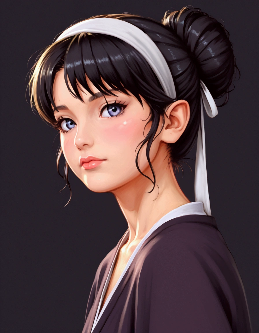 (((Perfect body,White and tender skin,(((japanese clothes, sideboob,Black top, Gold belt, black sleeves, black Japanese pants ))),(((sui-feng, short hair, short hair with long locks,Black hair))),((masterpiece)),high resolution, ((Best quality at best)),masterpiece,quality,Best quality,((( Exquisite facial features,Looking at the audience,There is light in the eyes,Smile))),))),(((Light and shadow,Small chest,))),(((Looking at the camera,black background,)))),