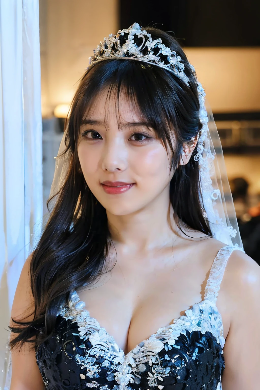 ((Highest quality、masterpiece、、Best image quality、Ultra-high resolution、Award-winning works)、(black wedding dress:1.5)、(Accurate anatomy:1.1)、Tiara、(smile:1.1)、Ultra-high resolution for bright and fair skin、The most detailed face、Ultra-high resolution detailed face、Ultra-high resolution hair、Ultra-high resolution eyes、Beautiful face drawn in every detail、(church:1.1)、beautiful japanese actress face、((upper body:1.6))、Beautiful breasts