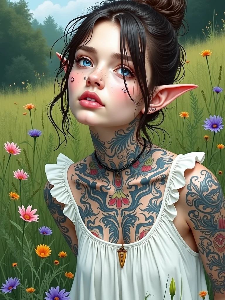 adult elf with light blue skin and black hair, she has a pretty face, she wears a ponytail, all over his body he has purple tattoos in the shape of vines, with a flower on her left arm, on her face is a skull of a spiritual servant that with her right hand she is slowly raising, 2d