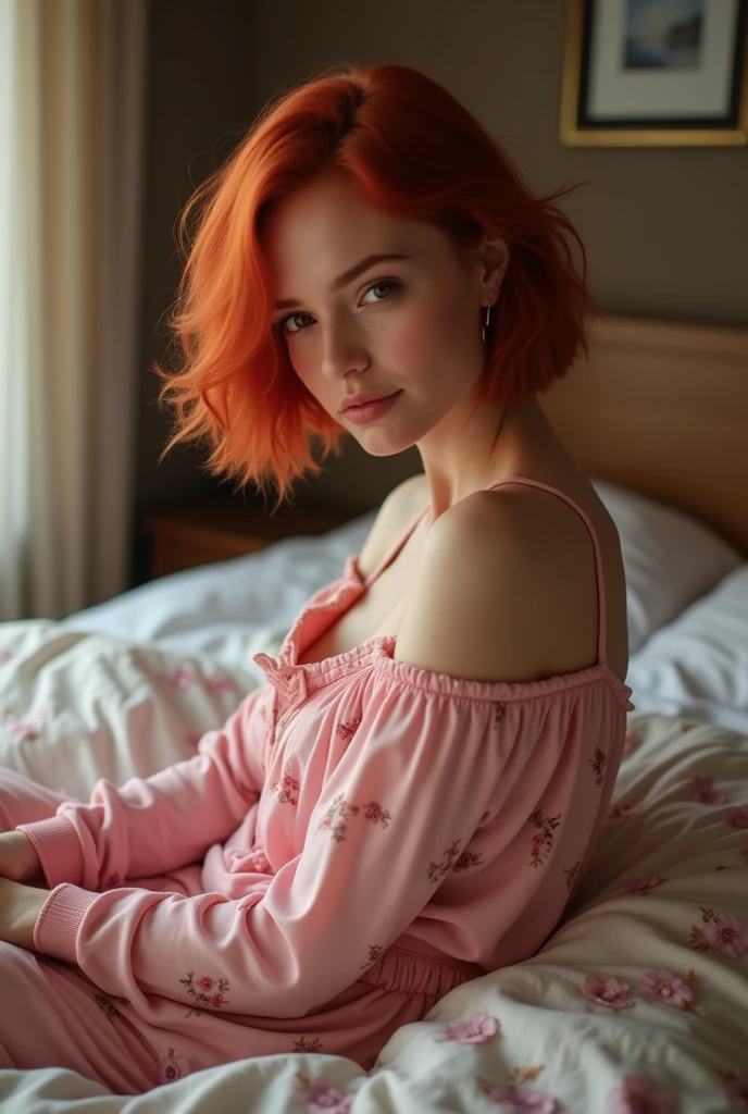 There is a woman sitting on a bed wearing a pink floral pajamas, red-haired girl, beautiful red-haired woman, red-haired woman, young red-haired girl, short bright red hair, red hair and attractive features, Anna Nikonova aka Newmilky, red-haired girl, redhead, beautiful woman, posing in bed, red head, with short red hair, posing in a room