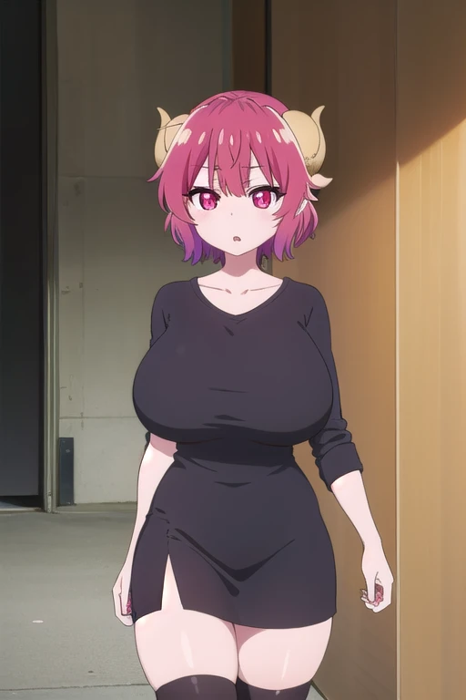 dragonilulu, ilulu, curled horns, horns, long hair, multicolored hair, purple hair, (red eyes:1.5), red hair, (slit pupils:1.5), (gigantic breasts:1.2), open mouth,
BREAK black shirt, (long shirt:1.5), black thighhighs, collarbone, shirt, short sleeves, thighhighs, wide sleeves, zettai ryouiki,
BREAK looking at viewer, upper body, fully body,
BREAK indoors,
BREAK (masterpiece:1.2), best quality, high resolution, unity 8k wallpaper, (illustration:0.8), (beautiful detailed eyes:1.6), extremely detailed face, perfect lighting, extremely detailed CG, (perfect hands, perfect anatomy),