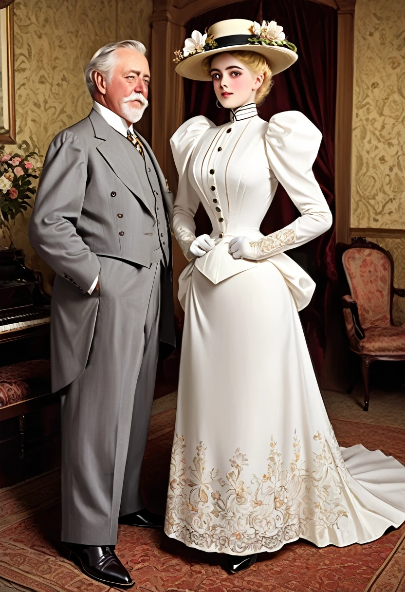 A gorgeous well-endowed yo blonde Gibson Girl bimbo (((fondled by a large horny 69yo gentleman))) in the parlor. Year 1902. (((1900_dr3ss))). Edwardian setting. Short girl with an hourglass figure wearing an elegant white Edwardian outfit consisting of a ((high-collar long sleeve shirtwaist, long skirt, boots, gloves and a wide-brimmed picture hat with flowers)), large tits, wasp waist, massive ass. Man wearing a three-piece suit. (((Young girl and old man. Man taller than girl))). (((NSFW))). (((Realistic proportions:1.5)))