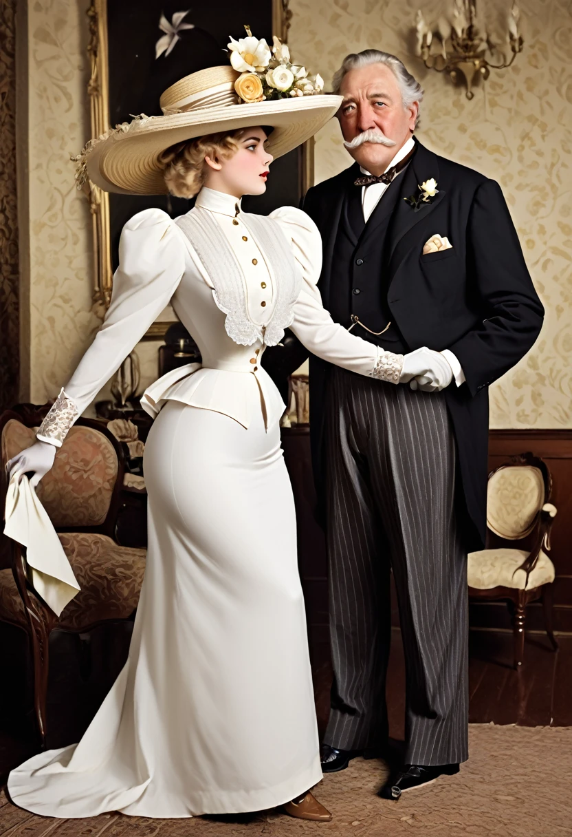 A gorgeous well-endowed 14yo blonde Gibson Girl bimbo (((fondled by a large horny 69yo gentleman))) in the parlor. Year 1902. (((1900_dr3ss))). Edwardian setting. Short girl with an hourglass figure wearing an elegant white Edwardian outfit consisting of a ((high-collar long sleeve shirtwaist, long skirt, boots, gloves and a wide-brimmed picture hat with flowers)), large tits, wasp waist, massive ass. Man wearing a three-piece suit. (((Young girl and old man. Man taller than girl))). (((NSFW))). (((Realistic proportions:1.5)))