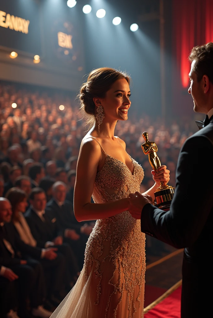 Woman kissing Oscar's name