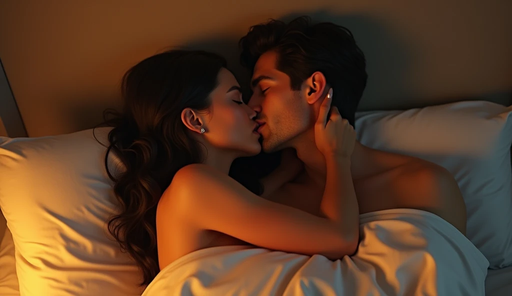 A stunning and intriguing color portrait of a woman and a man in a bed kissing, wearing light clothes and covered by sheets, dark environment, sharp focus, natural lighting, underground scattering, f2, 35mm, film grain,