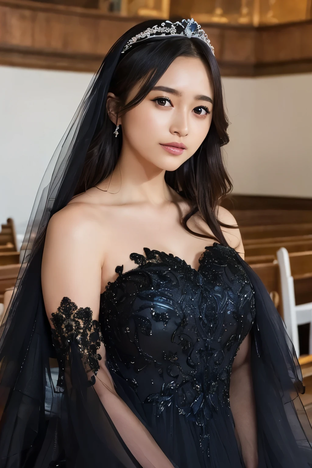 ((Highest quality、masterpiece、、Best image quality、Ultra-high resolution、Award-winning works)、(black wedding dress:1.5)、(Accurate anatomy:1.1)、Tiara、(Embarrassed:1.1)、Ultra-high resolution for bright and fair skin、The most detailed face、Ultra-high resolution detailed face、Ultra-high resolution hair、Ultra-high resolution eyes、Beautiful face drawn in every detail、(church:1.1)、beautiful japanese actress face、((upper body:1.6))、Beautiful breasts