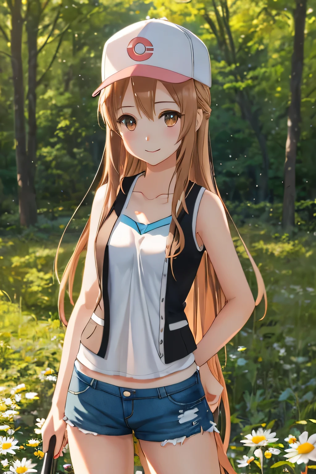 pokemonserena, <lora:pokemon serena-lora-nochekaiser:1>,
serena, long hair, blue eyes, brown hair,
BREAK eyewear on head, hat, skirt, sunglasses, shirt, black shirt, sleeveless, red skirt, pink hat,
BREAK outdoors, nature, forest, grass, sky, sun, clouds,
BREAK looking at viewer,
BREAK <lyco:GoodHands-beta2:1>, (masterpiece:1.2), best quality, high resolution, unity 8k wallpaper, (illustration:0.8), (beautiful detailed eyes:1.6), extremely detailed face, perfect lighting, extremely detailed CG, (perfect hands, perfect anatomy),