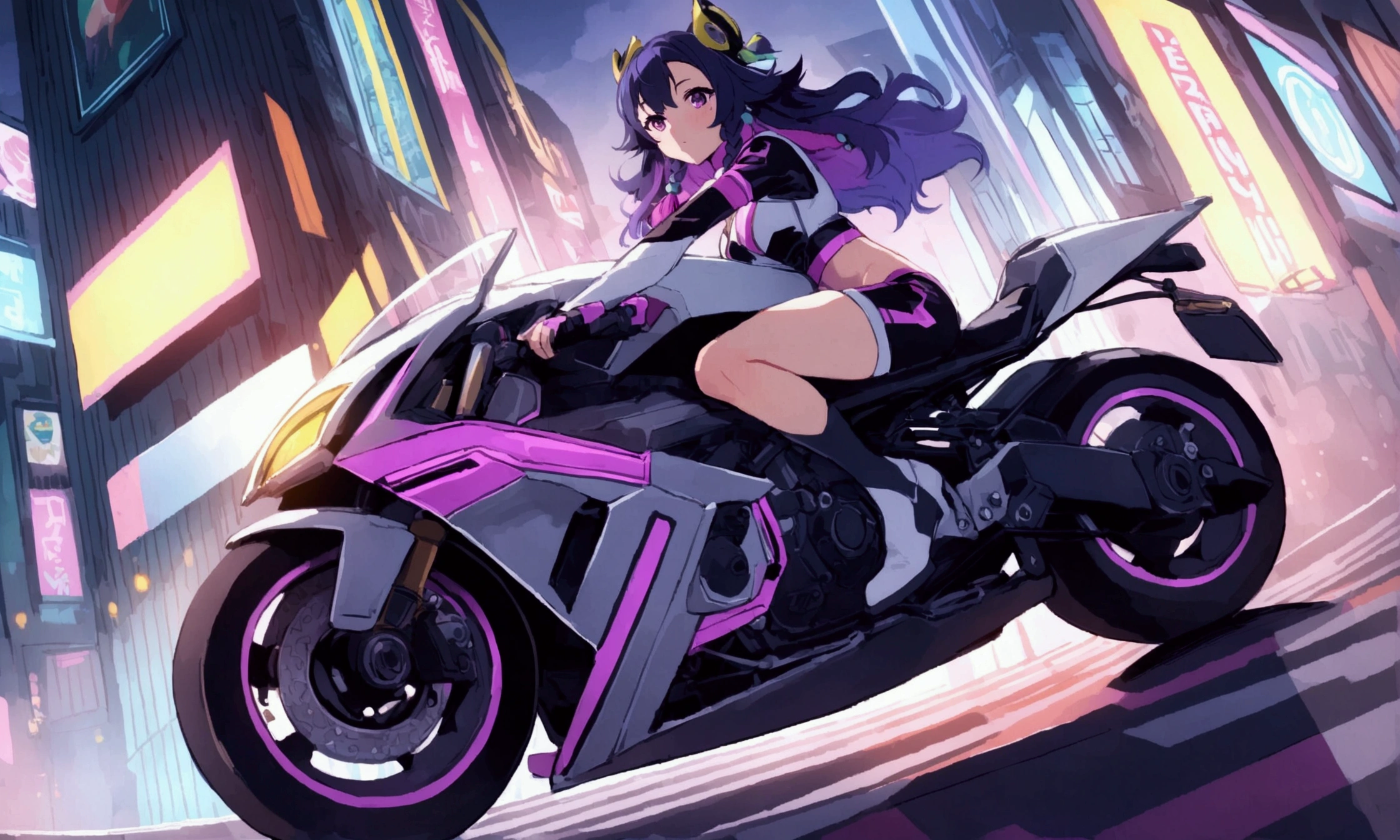 Imagine :: a young darkskin 1woman! shapely body round rump buff thighs, wearing [black with gold trim] leather outfit :: sitting astride a futuristic cyber-motorcycle :: Mobile Suit Gundam esthetic :: in the style of Mucha :: Digital Art :: by Peter Mohrbacher :: the background consists of a moonlit solarpunk cityscape :: Artstation Pixiv trending, 8K :: (centered) (headroom) ::