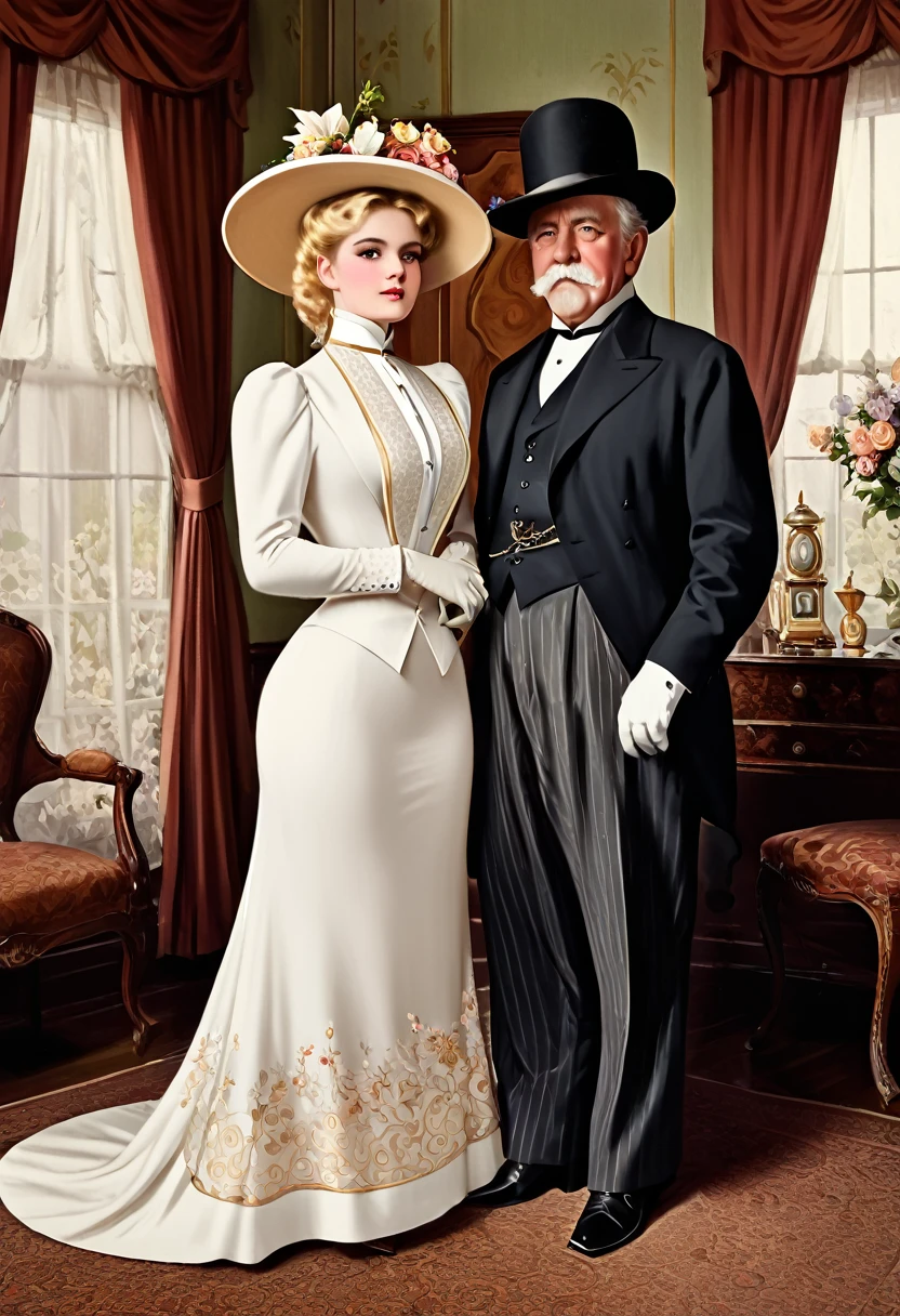 A gorgeous well-endowed **** blonde Gibson Girl bimbo (((fondled by a large horny 69yo gentleman))) in the parlor. Year 1902. (((1900_dr3ss))). Edwardian setting. Short girl with an hourglass figure wearing an elegant white Edwardian outfit consisting of a ((high-collar long sleeve shirtwaist, long skirt, boots, gloves and a wide-brimmed picture hat with flowers)), large tits, wasp waist, massive ass. Man wearing a three-piece suit. (((Young girl and old man. Man taller than girl))). (((NSFW))). (((Realistic proportions:1.5)))